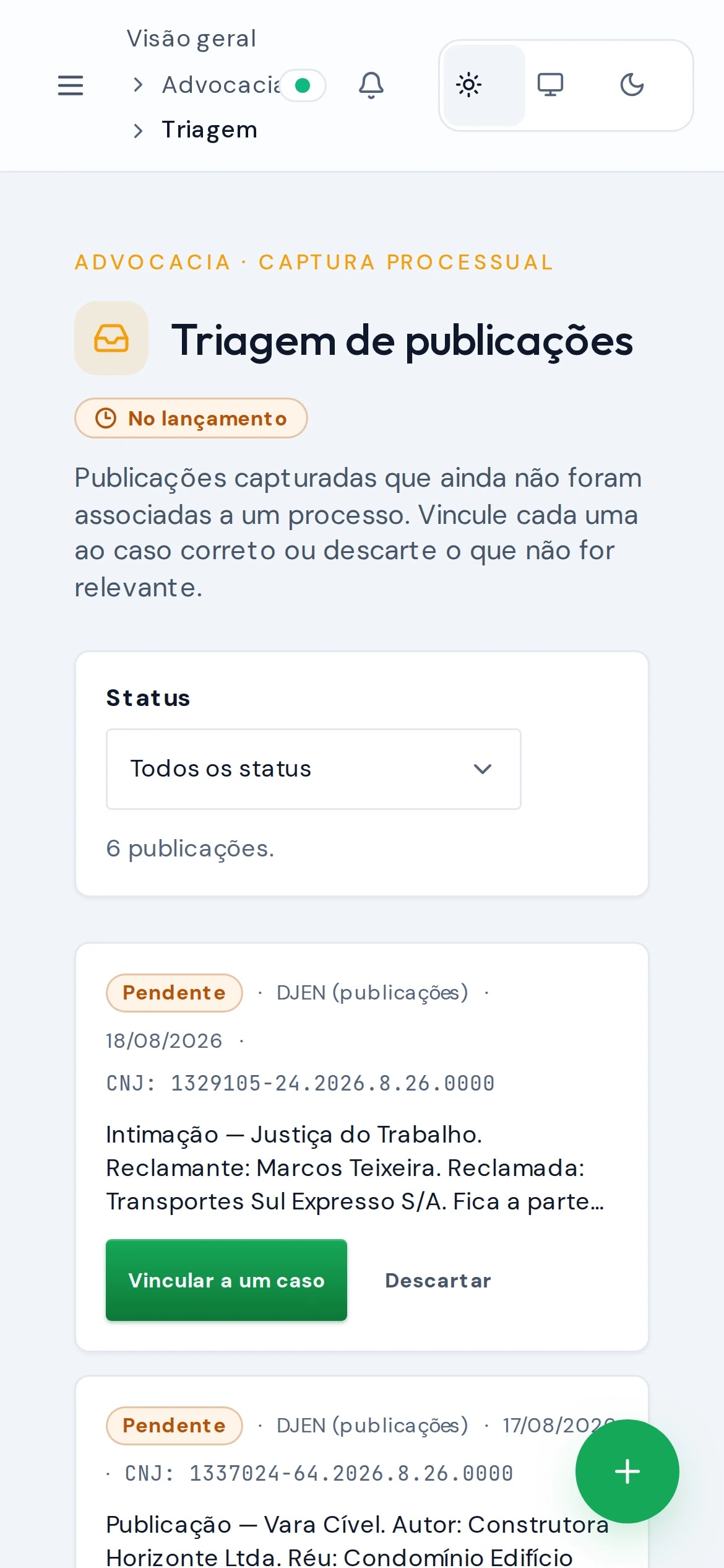 Triagem de publicações do GestIA Advocacia no celular, com dados de demonstração