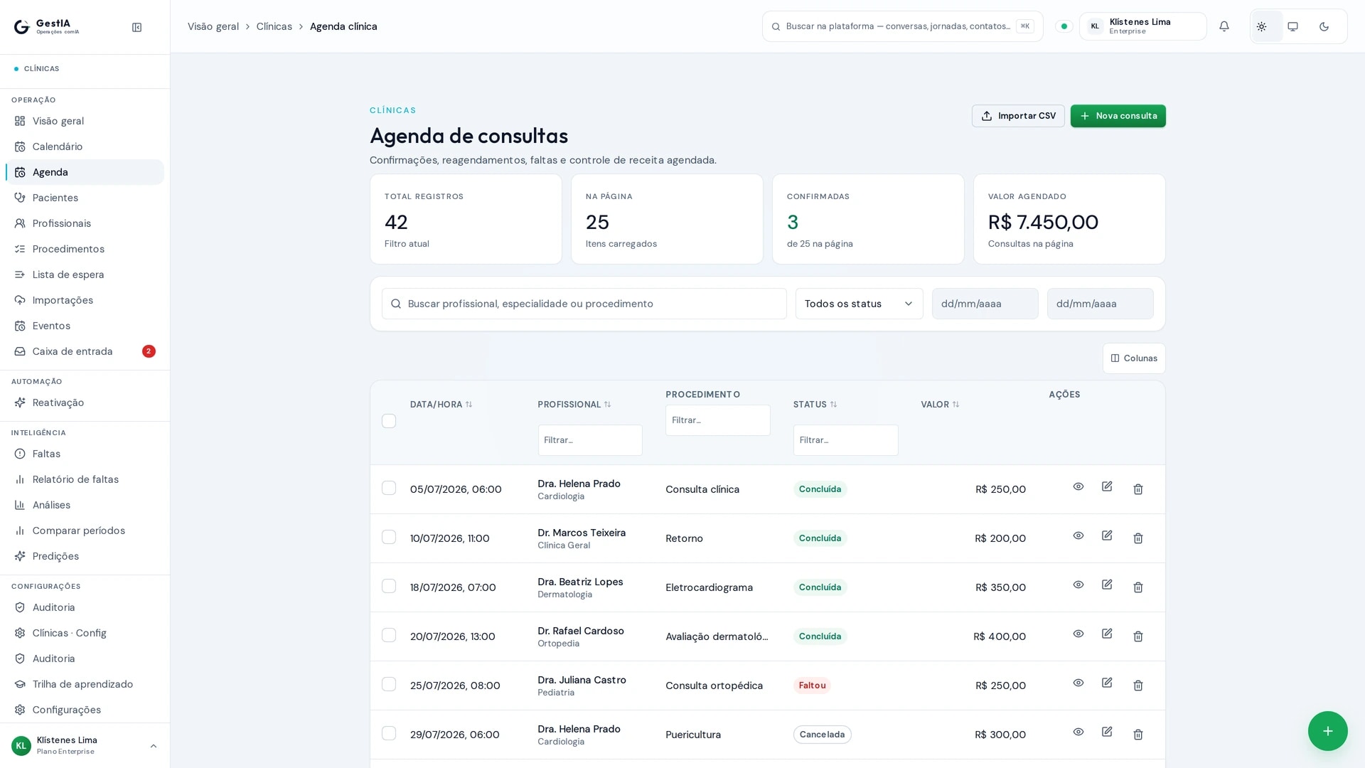 Agenda de consultas do GestIA Clínicas com status administrativos