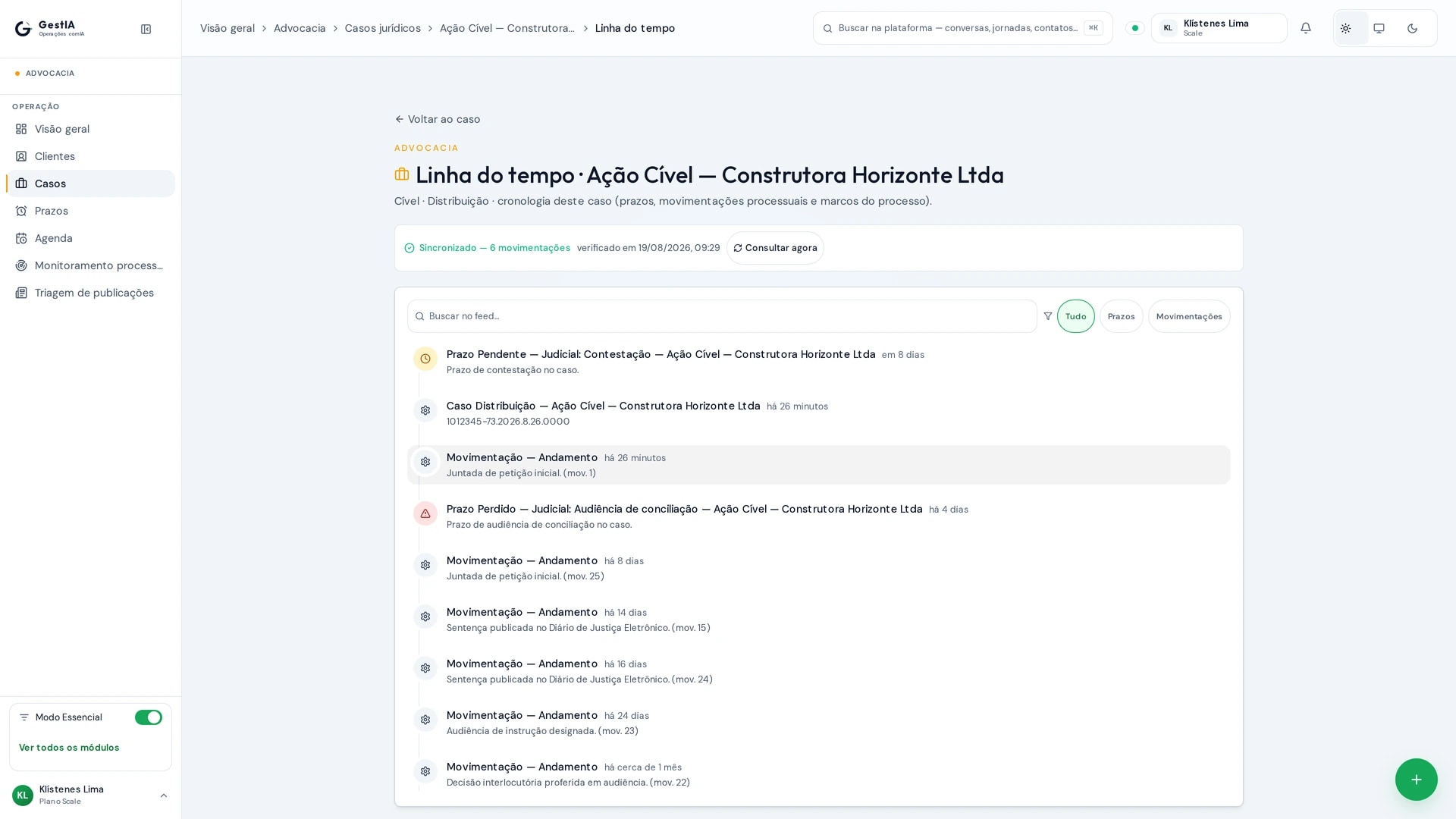 Linha do tempo do caso com movimentações processuais
