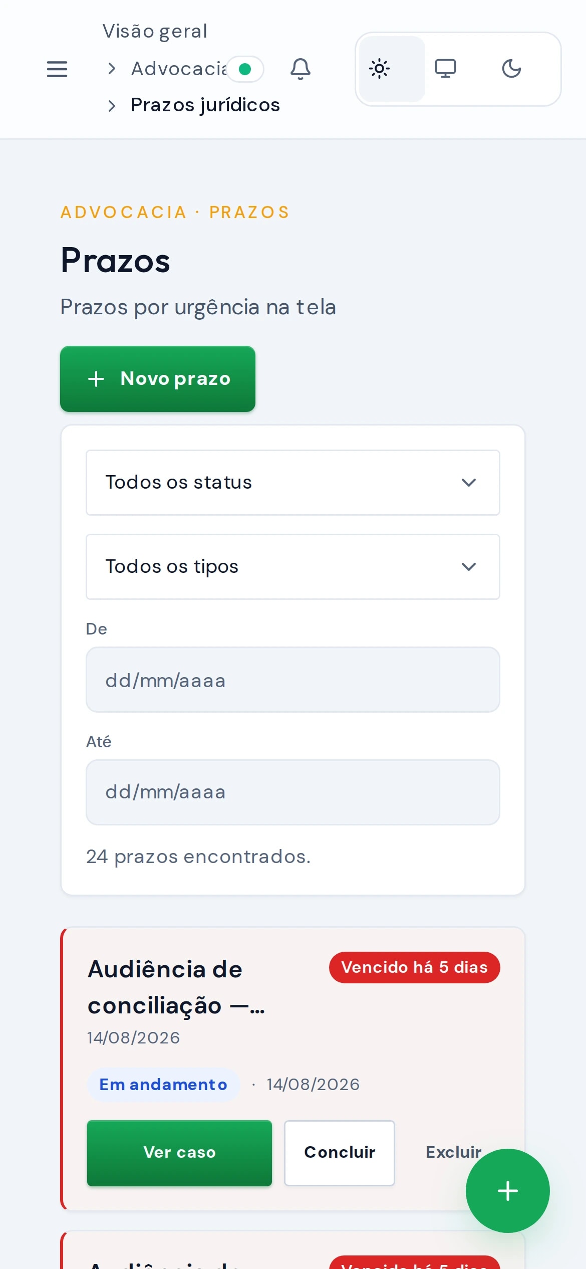 Prazos do GestIA Advocacia no celular, com dados de demonstração