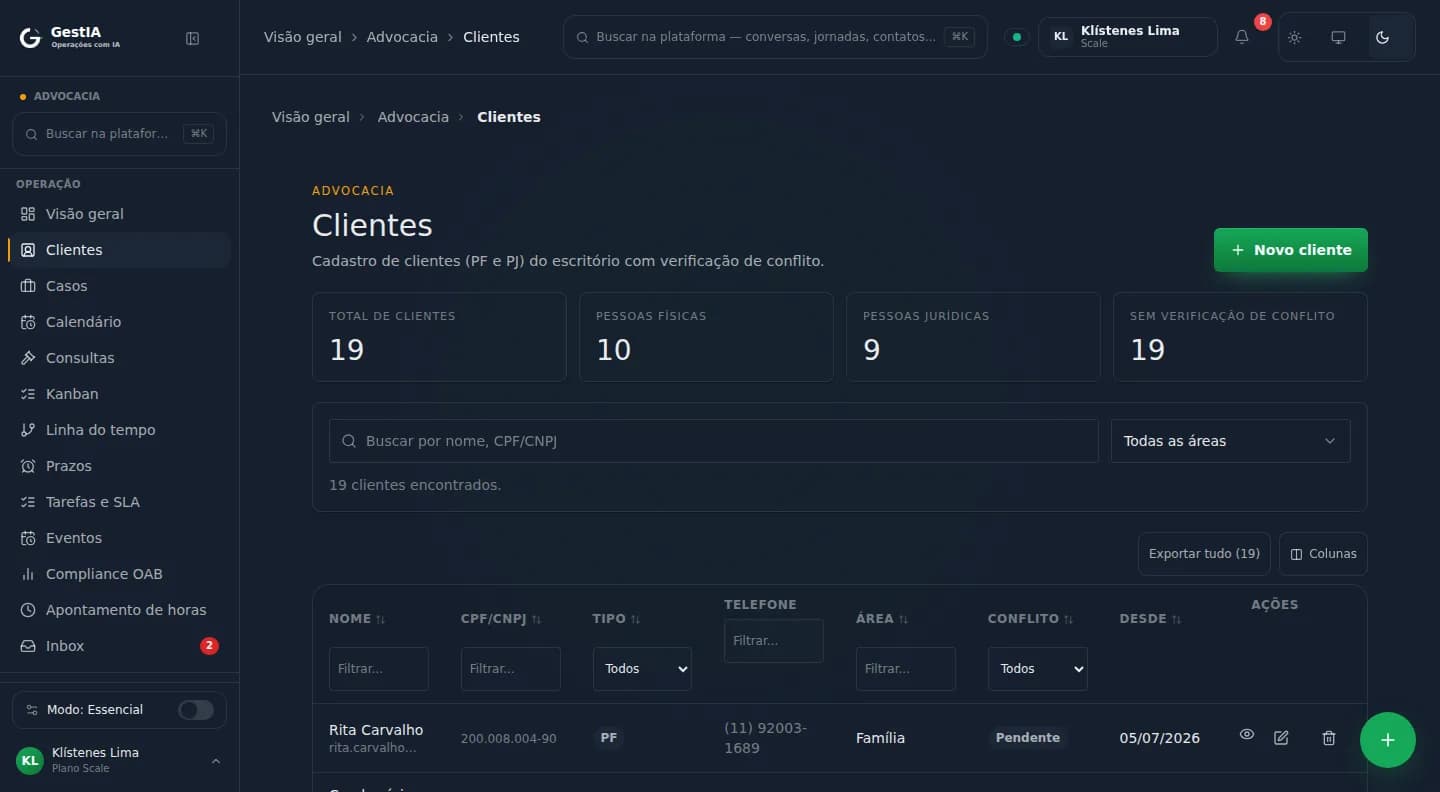 Cadastro de clientes do GestIA Advocacia com dados de demonstração
