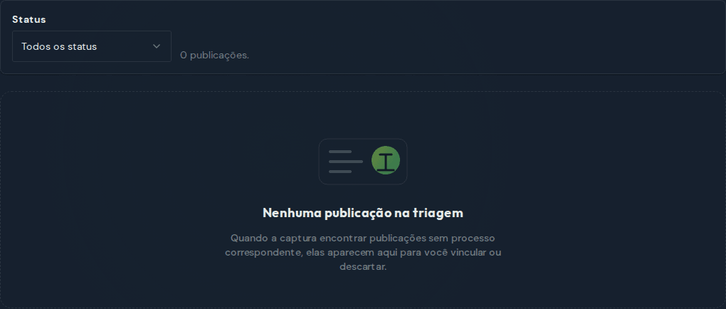 Estado vazio da triagem, com as ações de vincular ou descartar